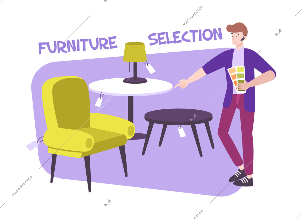 Design interior composition with pieces of designer furniture human character and text vector illustration