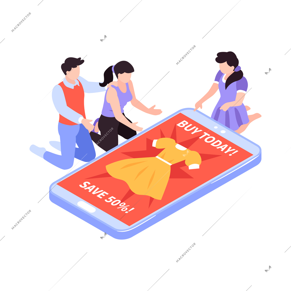 Isometric kids online shopping composition with image of smartphone with dress discount and people vector illustration