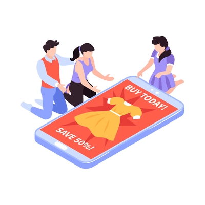 Isometric kids online shopping composition with image of smartphone with dress discount and people vector illustration