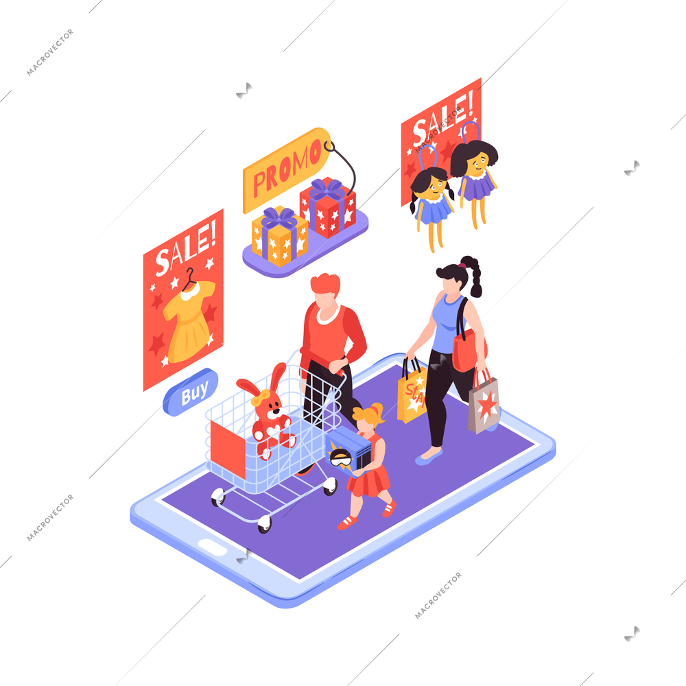 Isometric kids online shopping composition with smartphone and parents with goods in baskets and children vector illustration