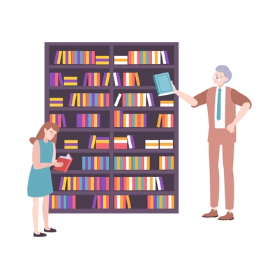 Book people composition with isolated image of book cabinet with teenage girl and adult man choosing books vector illustration