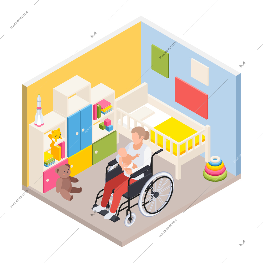 Disabled people isometric composition with human character of mother dandling baby on wheelchair in childrens room vector illustration