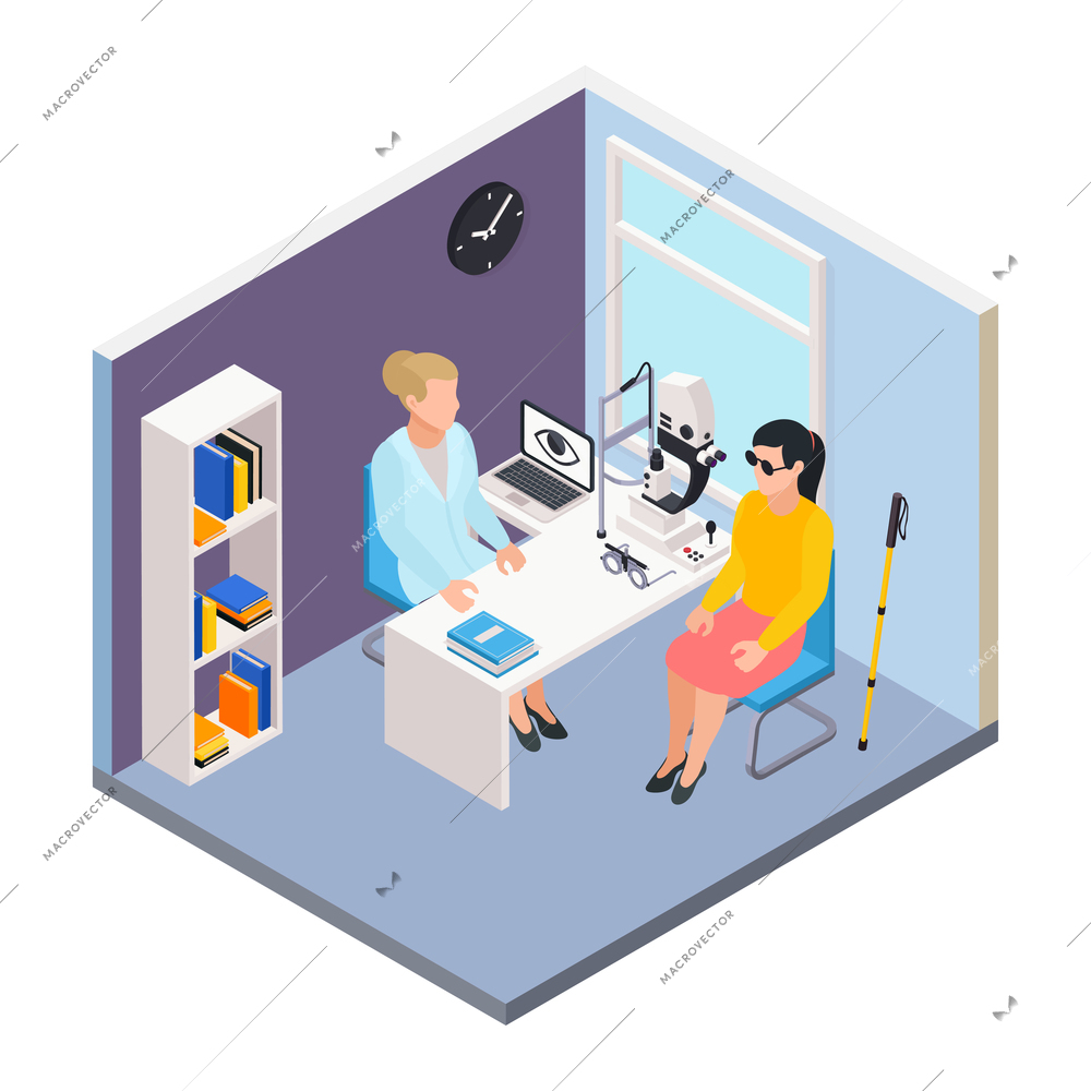 Disabled people isometric composition with human character of blind woman at doctors office vector illustration