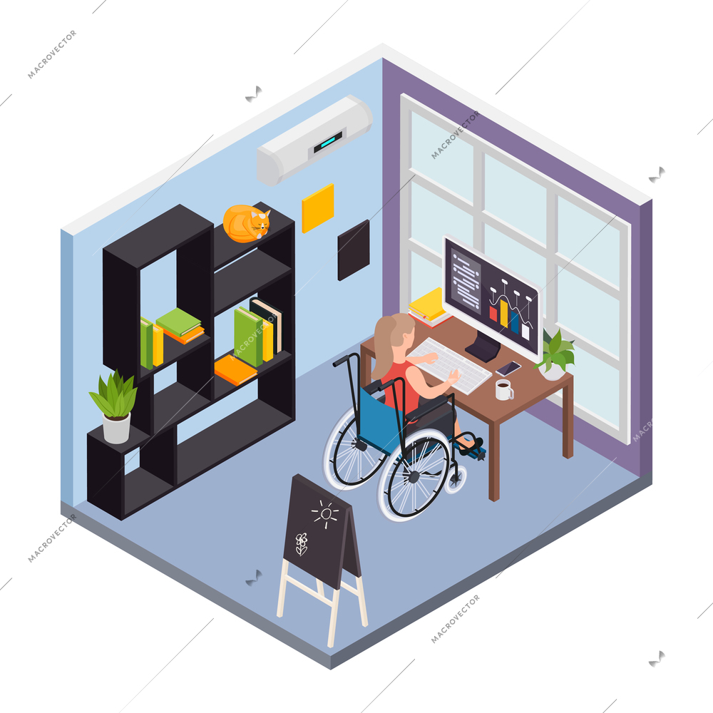 Disabled people isometric composition with human character of woman on wheelchair in office room vector illustration