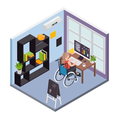 Disabled people isometric composition with human character of woman on wheelchair in office room vector illustration