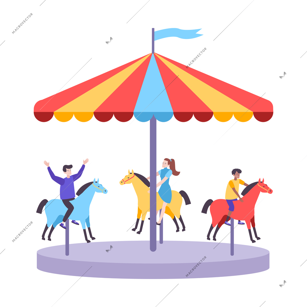 Roller coaster set flat composition with view of amusement ride and children moving on toy horses vector illustration