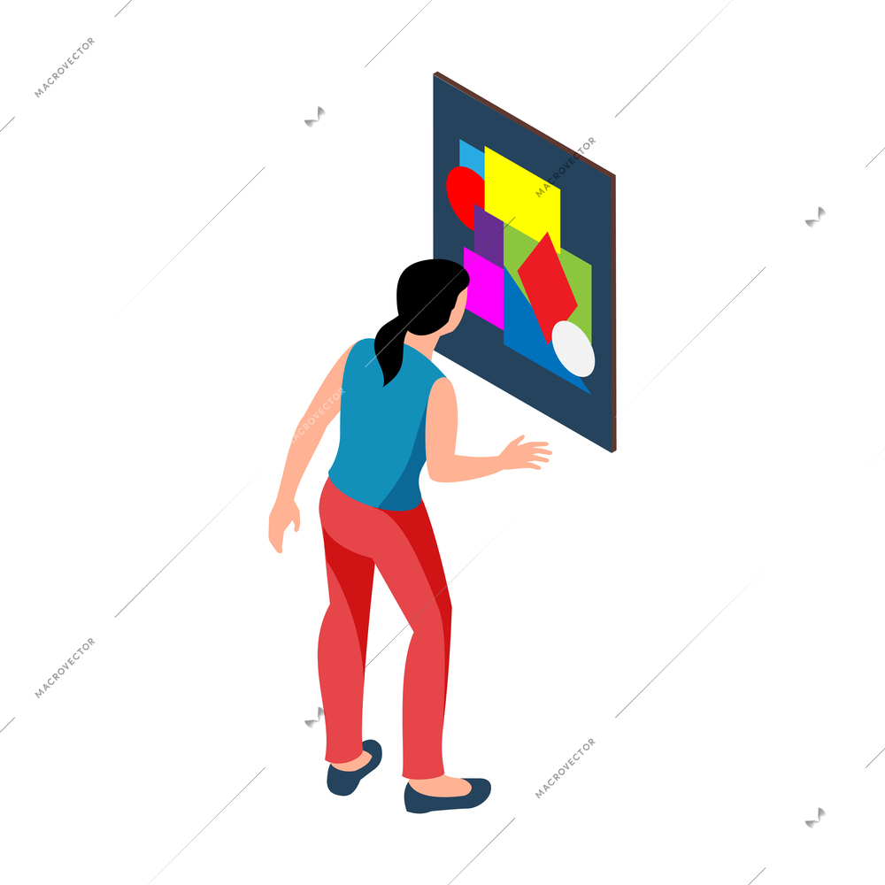 Isometric exhibition art gallery artist curator composition of isolated female character and valuable painting vector illustration