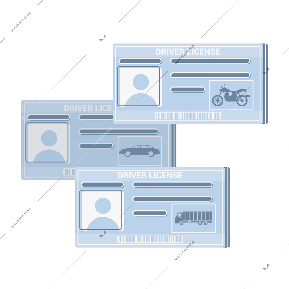 Driving school flat composition with images of personal drivers licenses vector illustration