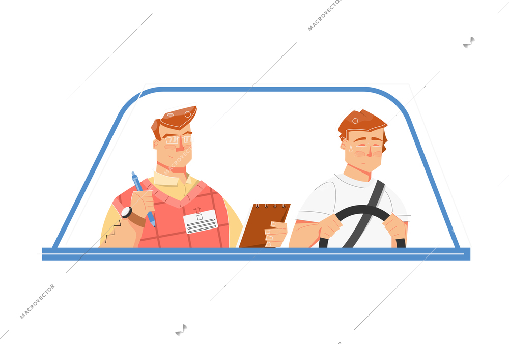 Driving school flat composition with view of instructor making marks and sweaty student at steering wheel vector illustration