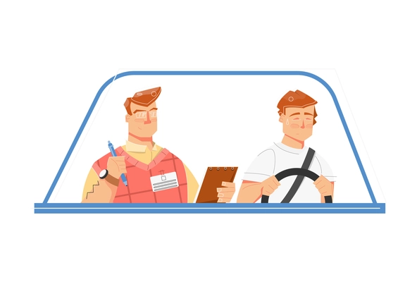 Driving school flat composition with view of instructor making marks and sweaty student at steering wheel vector illustration