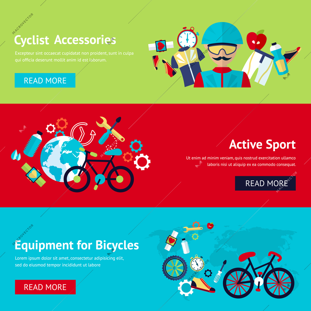 Bicycle active sport fitness flat banner set with cyclist accessories equipment isolated vector illustration