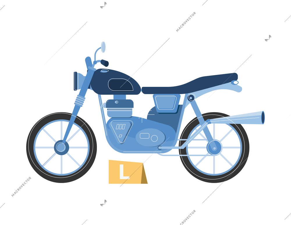 Driving school flat composition with isolated image of motorcycle with license category tag vector illustration