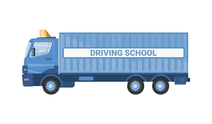 Driving school flat composition with isolated image of truck with text vector illustration