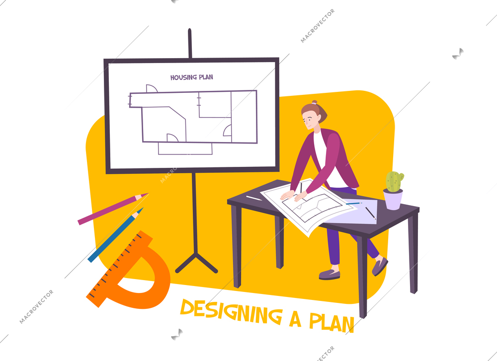 Design interior composition with character of designer working on table with paper plan of apartment vector illustration