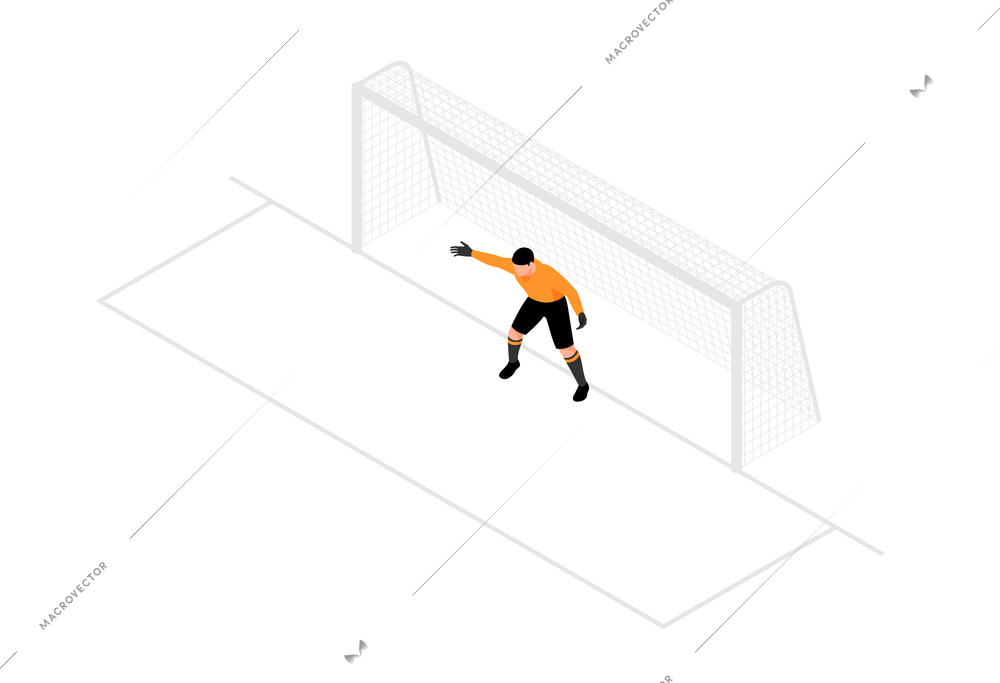 Isometric football soccer sport composition with isolated human character of goalkeeper in goal posts vector illustration