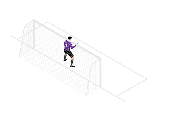 Isometric football soccer sport composition with isolated human character of goalkeeper in goal posts vector illustration