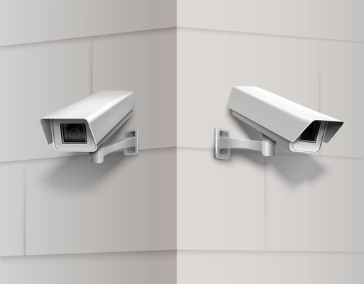 Surveillance camera home protection equipment secrecy inspection system on the wall vector illustration