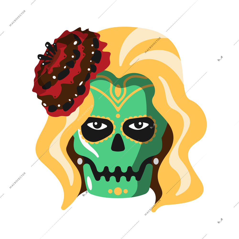 Day of dead as mexican ethnic holiday cartoon composition with isolated image of female skull with hair and flower vector illustration