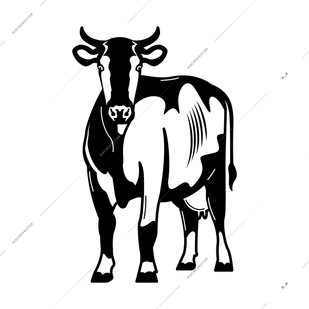 Milk farm engraving hand drawn composition with isolated monochrome image of cow vector illustration