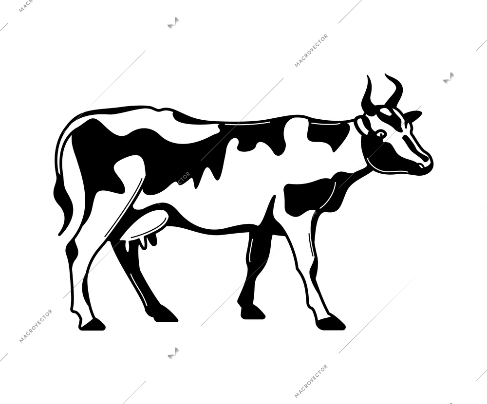 Milk farm engraving hand drawn composition with isolated monochrome image of cow vector illustration