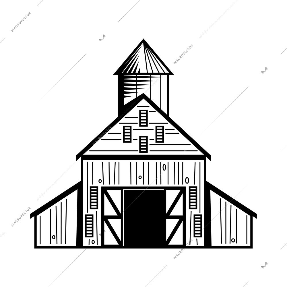 Milk farm engraving hand drawn composition with isolated monochrome image of barn vector illustration