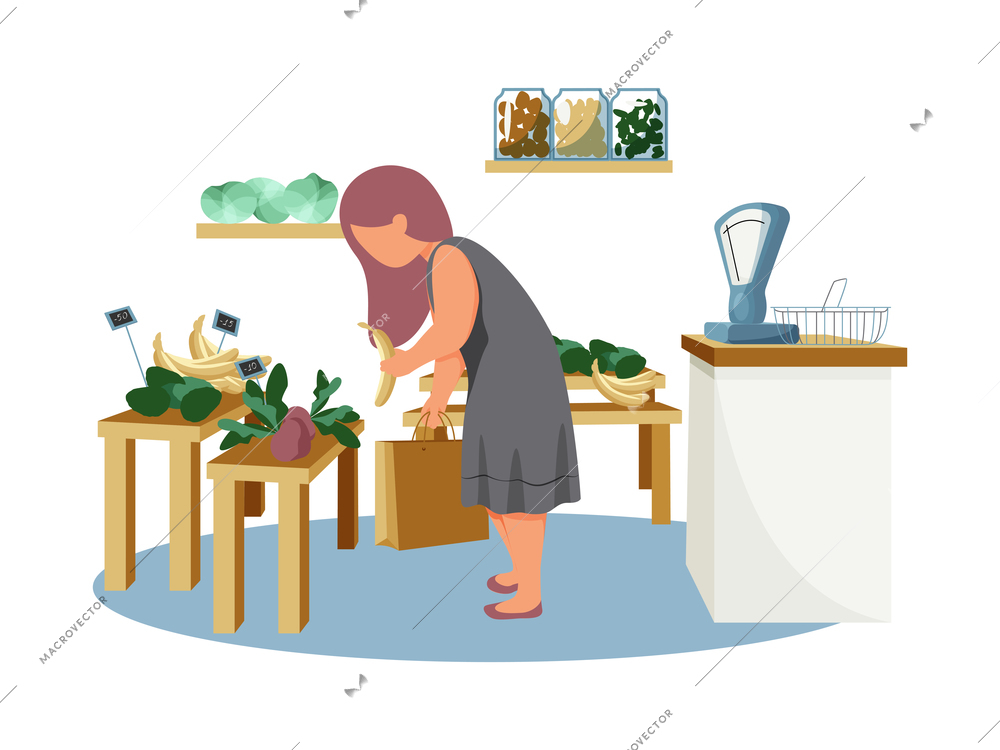 Woman daily routine flat composition with view of grocery store and woman choosing vegetables vector illustration