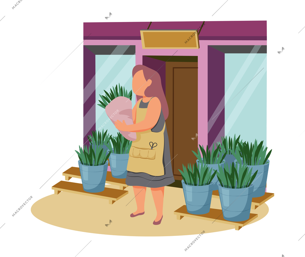 Woman daily routine flat composition with view of flower shop entrance and woman selling plants vector illustration