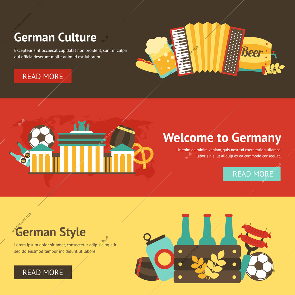 Germany banner set with culture style beer food landmarks isolated vector illustration