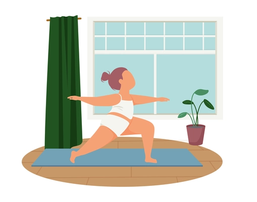 Woman daily routine flat composition with home scenery and woman doing fitness exercise vector illustration
