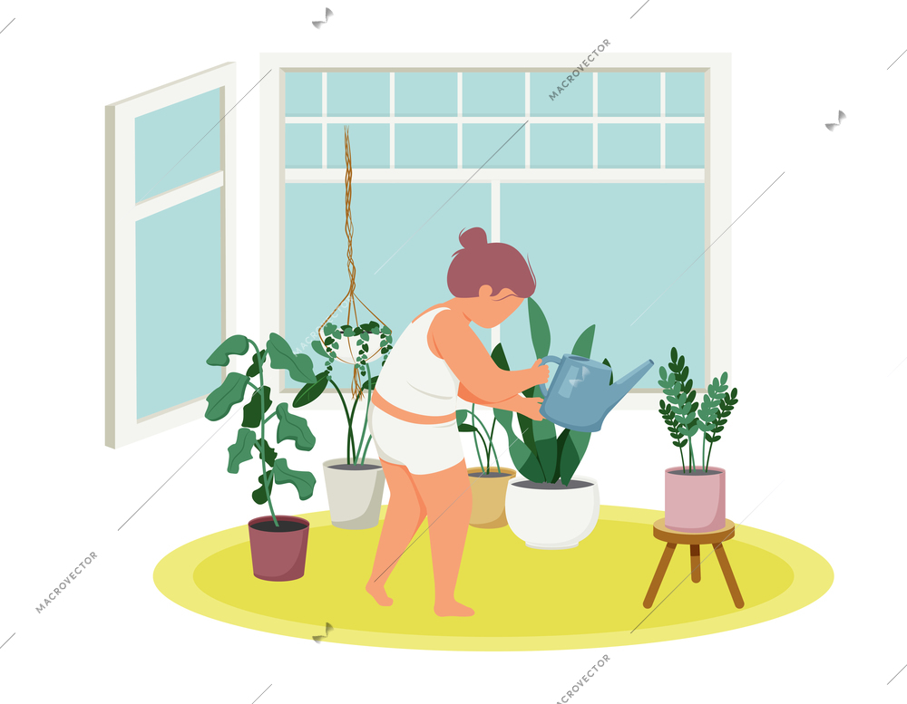 Woman daily routine flat composition with home scenery and woman watering home plants vector illustration