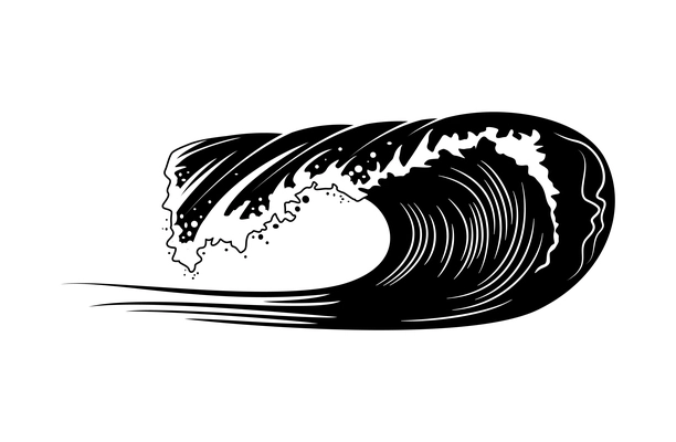 Surfing engraving hand drawn composition with isolated image of wave vector illustration