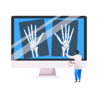 Medical center flat composition with small character of doctor with desktop computer and x ray shot of human hands vector illustration