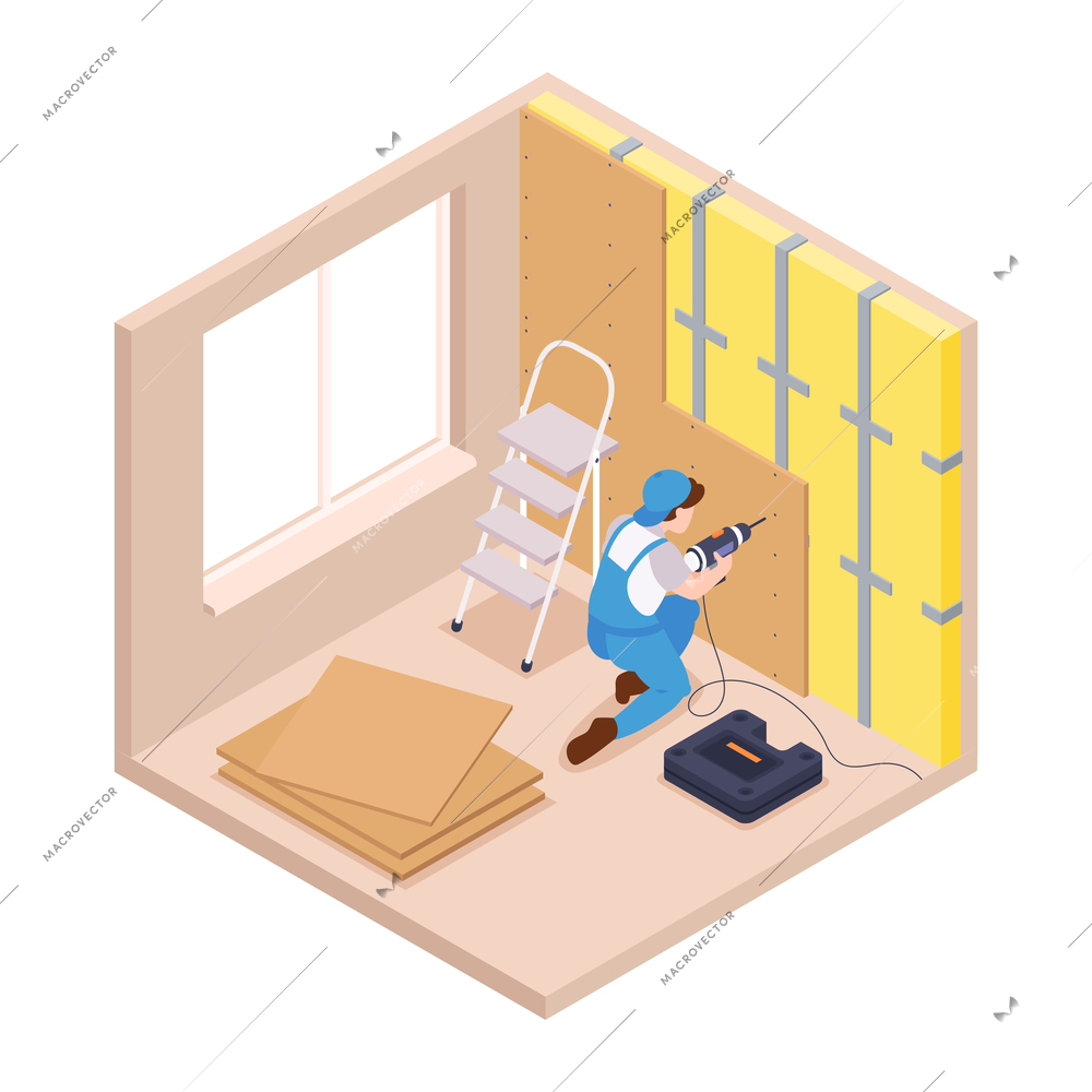 Isometric repairs composition with view of living room with character of repairman renovating wall vector illustration