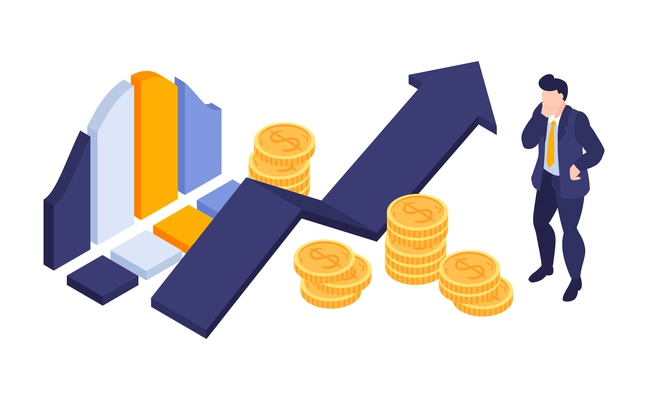 Isometric marketing strategy business composition of isolated infographic icons coins and male character on blank background vector illustration