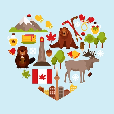 Canada colored decorative elements set in heart shape vector illustration.