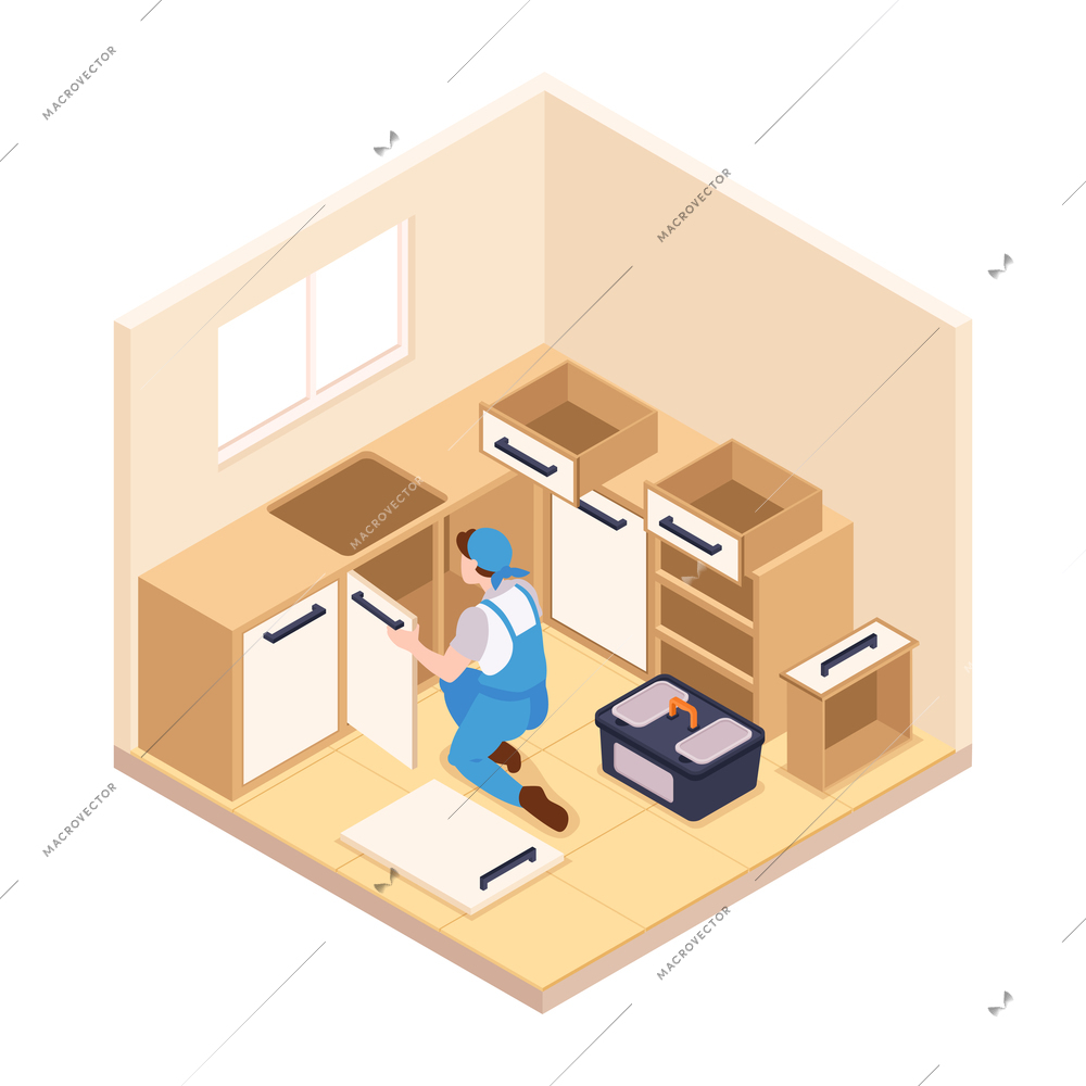 Isometric repairs composition with view of kitchen room with character of repairman vector illustration