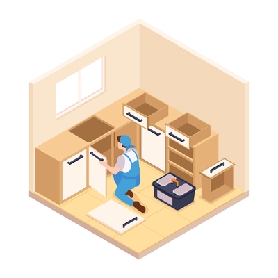 Isometric repairs composition with view of kitchen room with character of repairman vector illustration