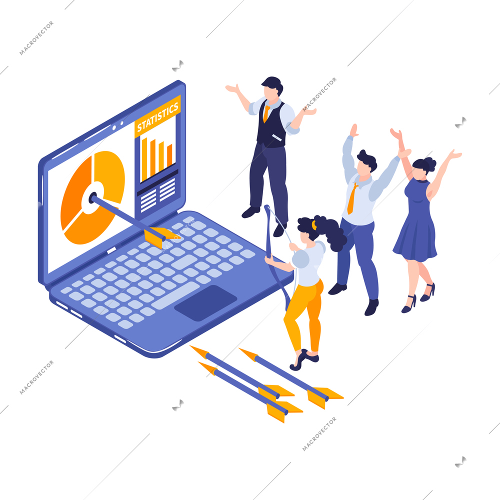 Isometric marketing strategy business composition of isolated laptop with target aim and people on blank background vector illustration