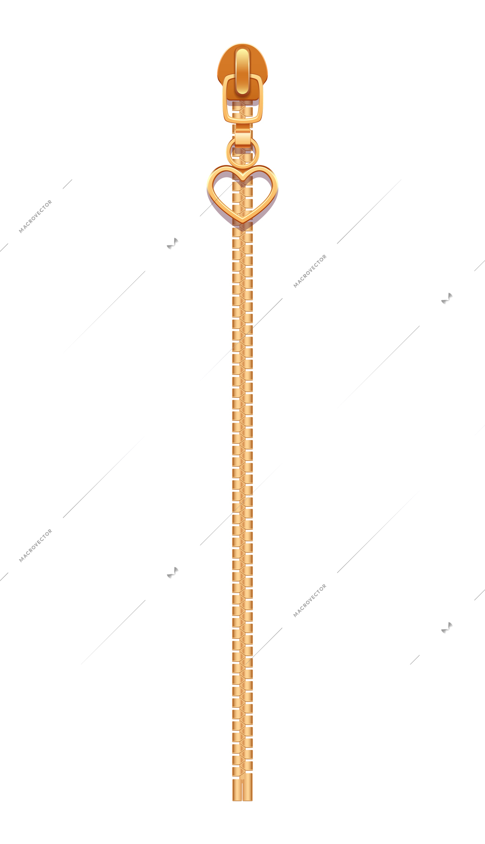 Zipper realistic composition with isolated image of golden fastener with heart shaped zip slider vector illustration