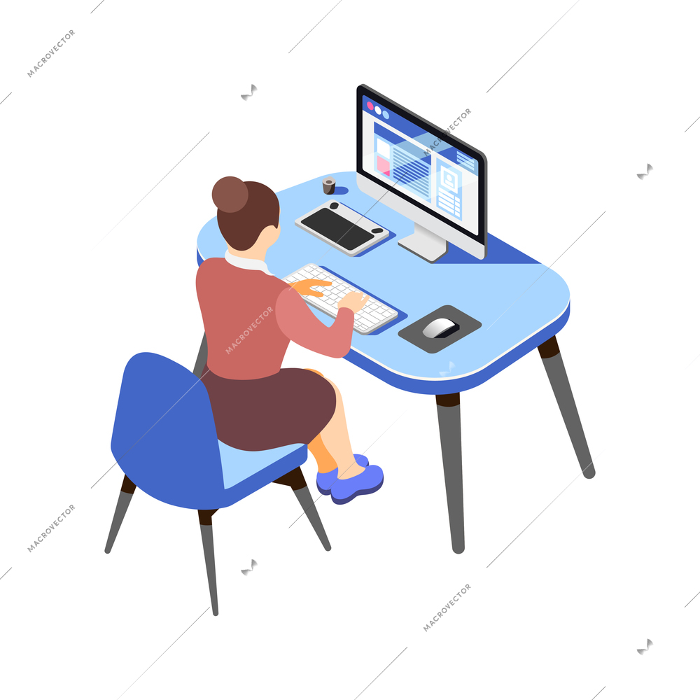 Brand building isometric composition with female character of brand manager at working place with computer vector illustration