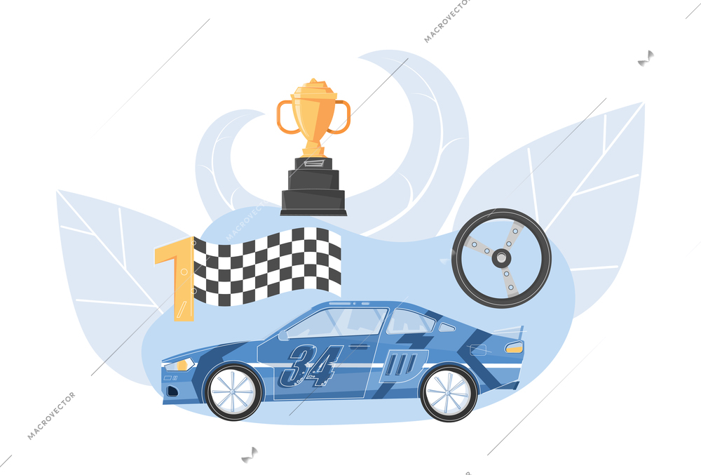 Car racing composition with images of steering wheel car and golden cup vector illustration