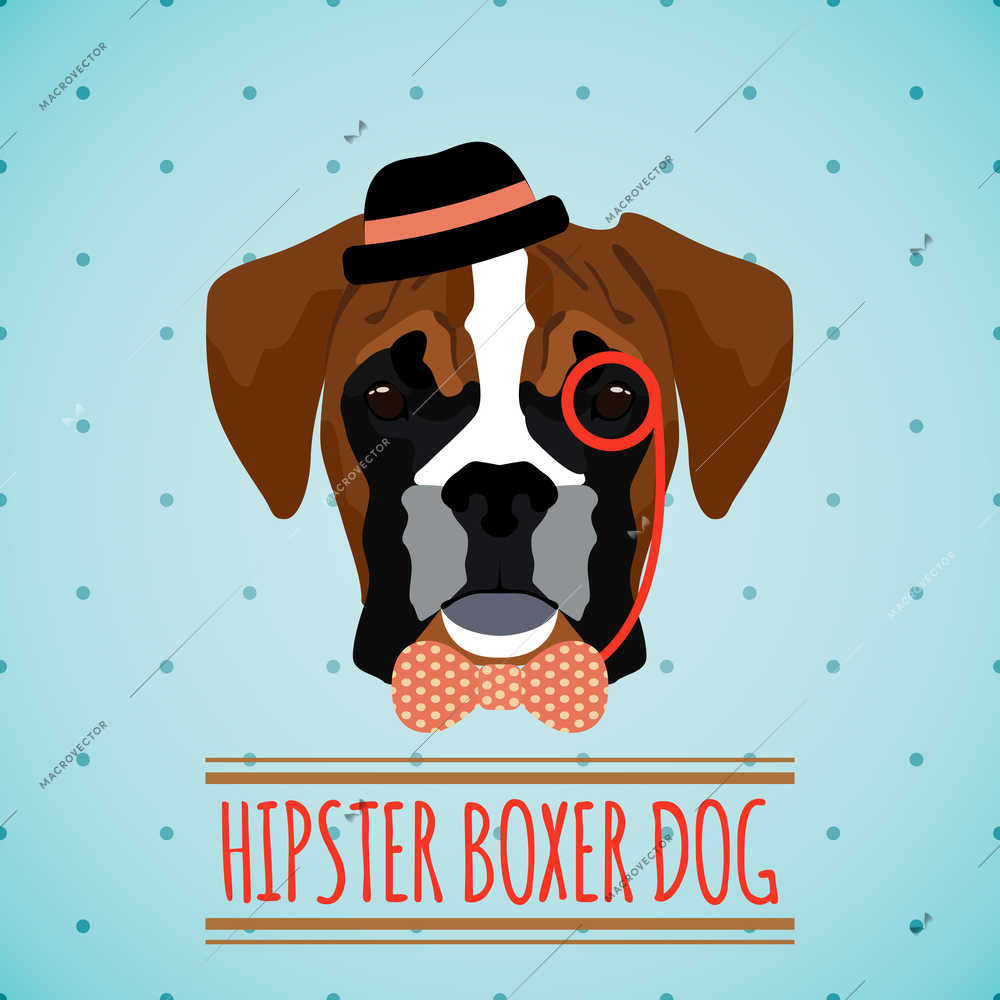 Hipster boxer dog with hat monocle and bow tie portrait with ribbon poster vector illustration