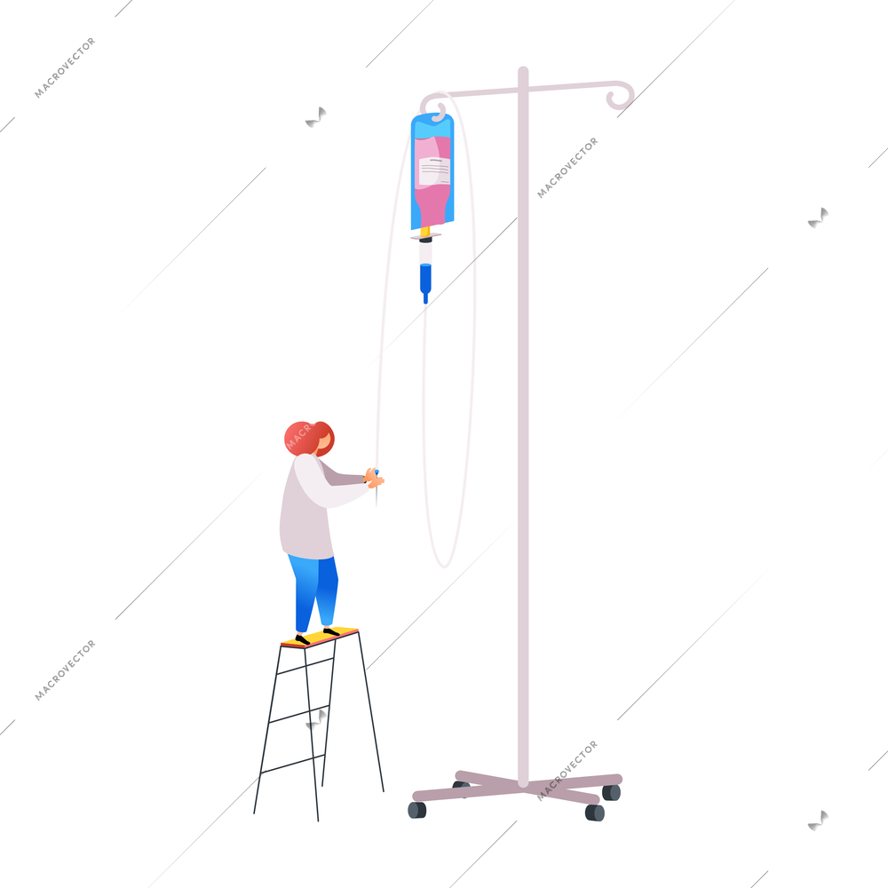 Medical center flat composition with small character of doctor with dripper on wheel stand vector illustration