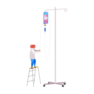 Medical center flat composition with small character of doctor with dripper on wheel stand vector illustration