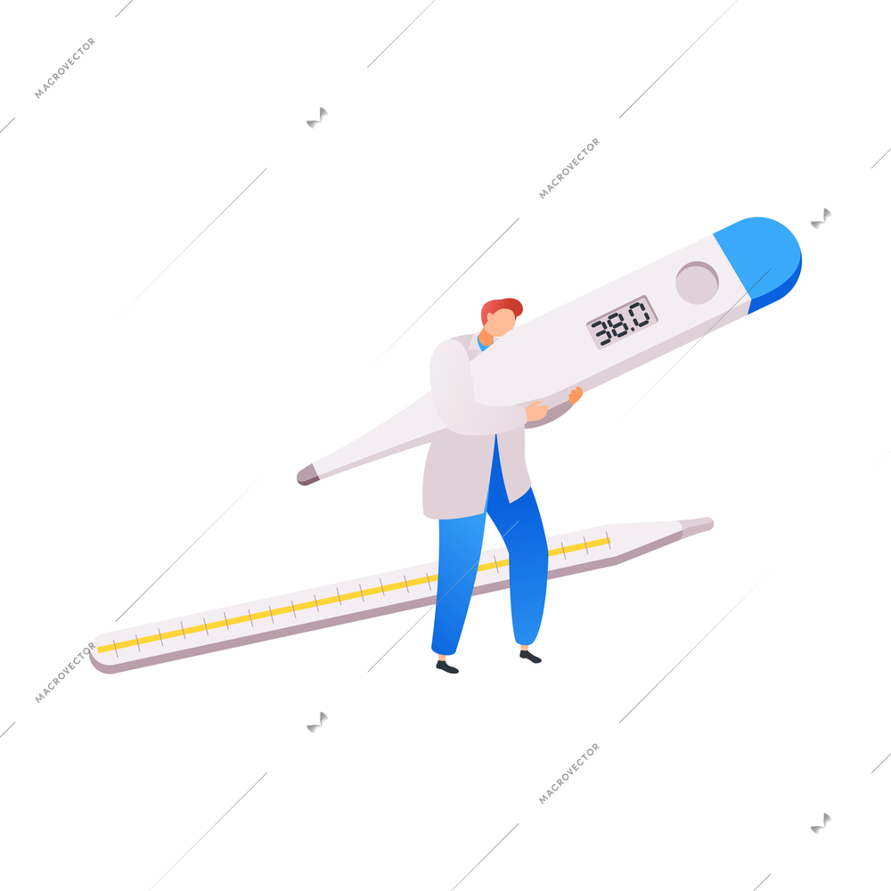 Medical center flat composition with small character of doctor carrying electronic thermometer vector illustration