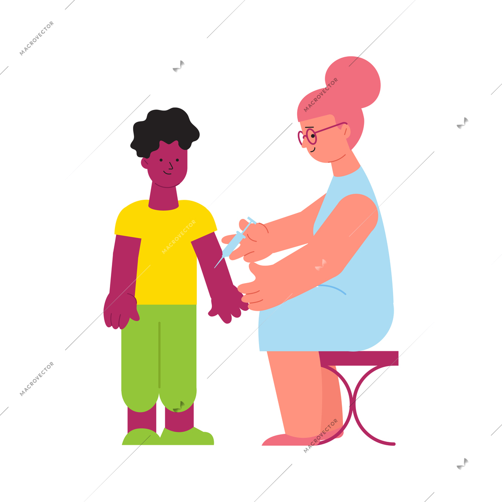 Flu viral diseases flat composition with doodle style characters of adult doctor vaccinating teenage boy vector illustration