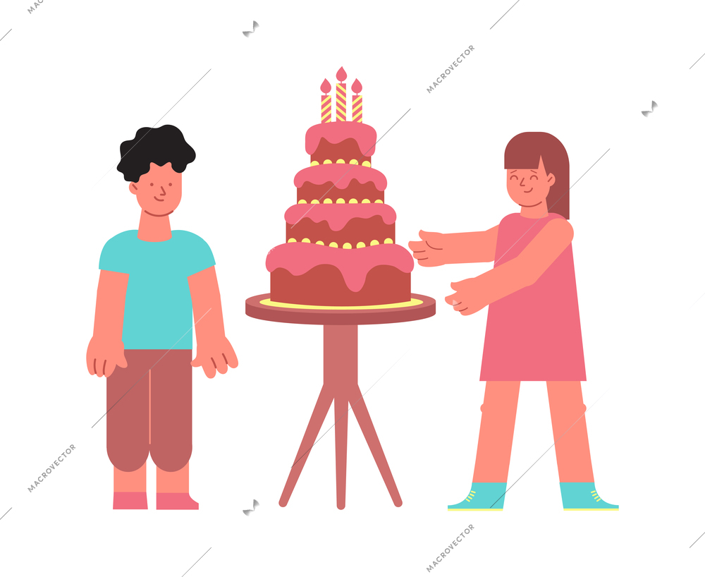 Culinary people composition with isolated characters of teenagers with big cake on table vector illustration