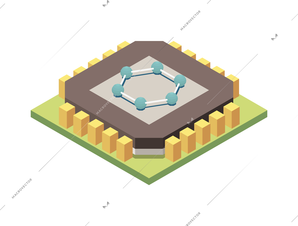 Nanotechnology isometric composition with isolated image of electronic chip with molecular circuitry vector illustration