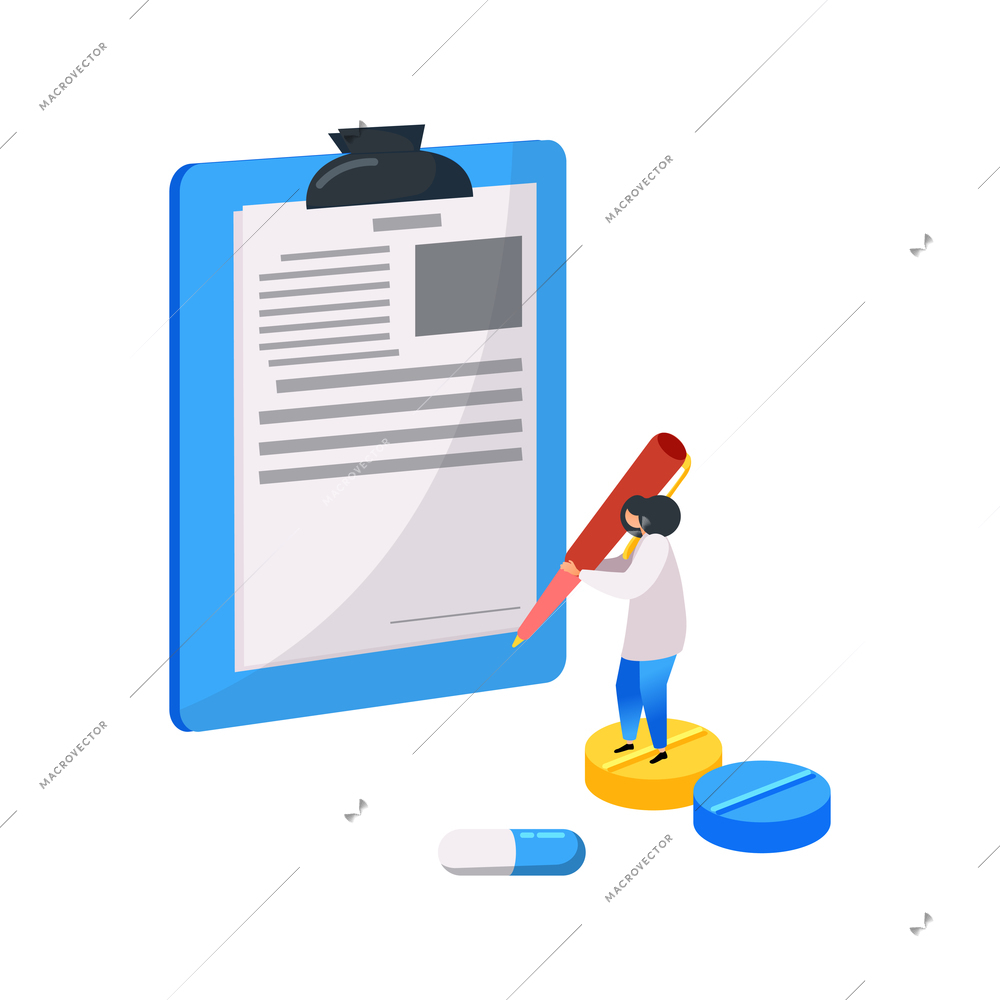 Medical center flat composition with small character of doctor with pills and papers on pad vector illustration