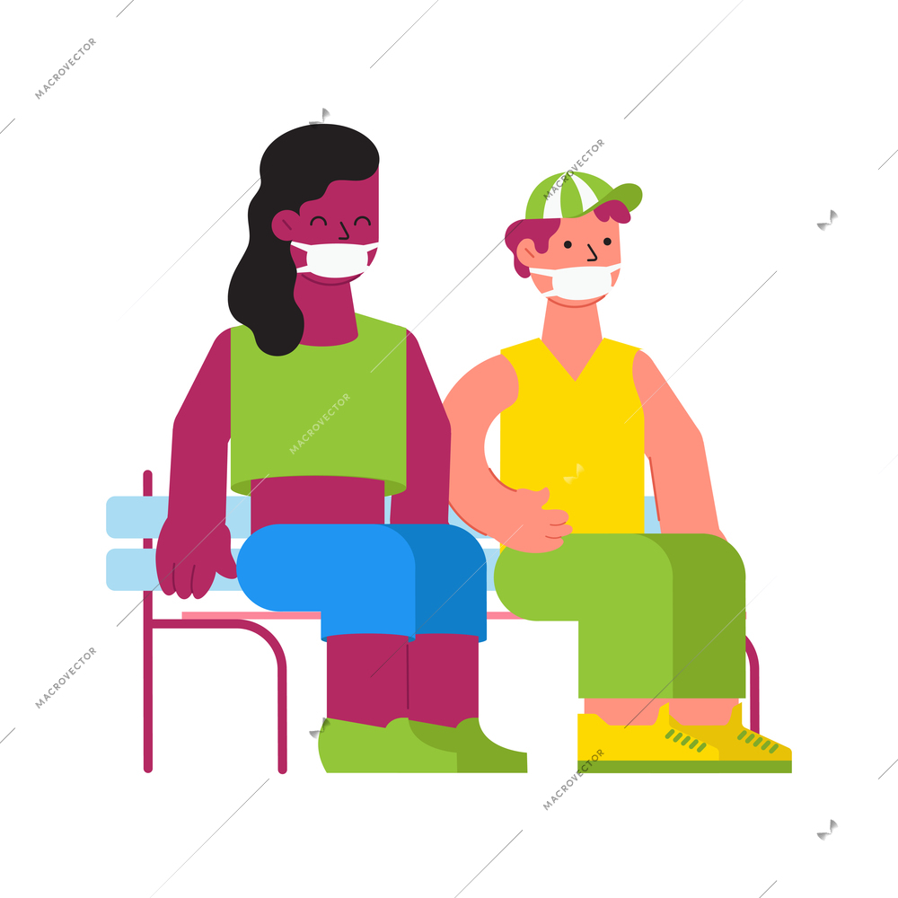 Flu viral diseases flat composition with doodle style characters of people sitting on bench wearing protective masks vector illustration